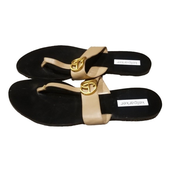 Kellparker Brielle Tan Sandals  Women’s Size 9.5 Gold GG Logo Embellishment Shoe - Picture 2 of 13
